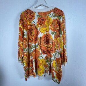 Bob Mackie Wearable Art Womens Floral Knit Cardigan Sweater 2X Orange Button Up